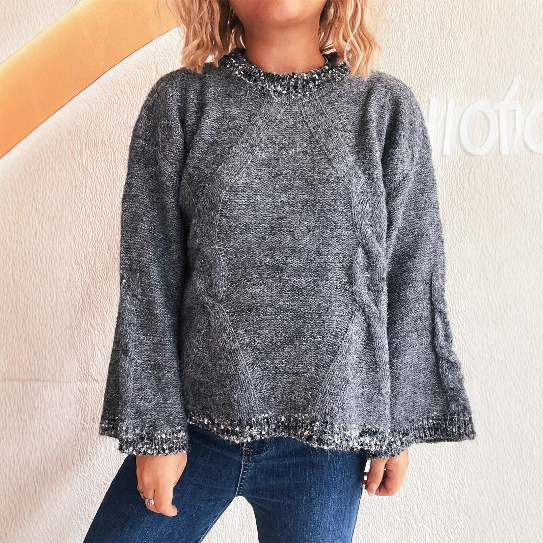 Patchwork Round Neck Knit Casual Commuter Loose Retro Sweater