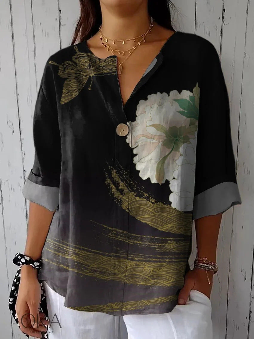 Summer New 3D Printed Women's Fashion V-neck Long Sleeve Shirt Top