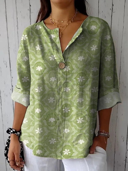 Summer New 3D Printed Women's Fashion V-neck Long Sleeve Shirt Top