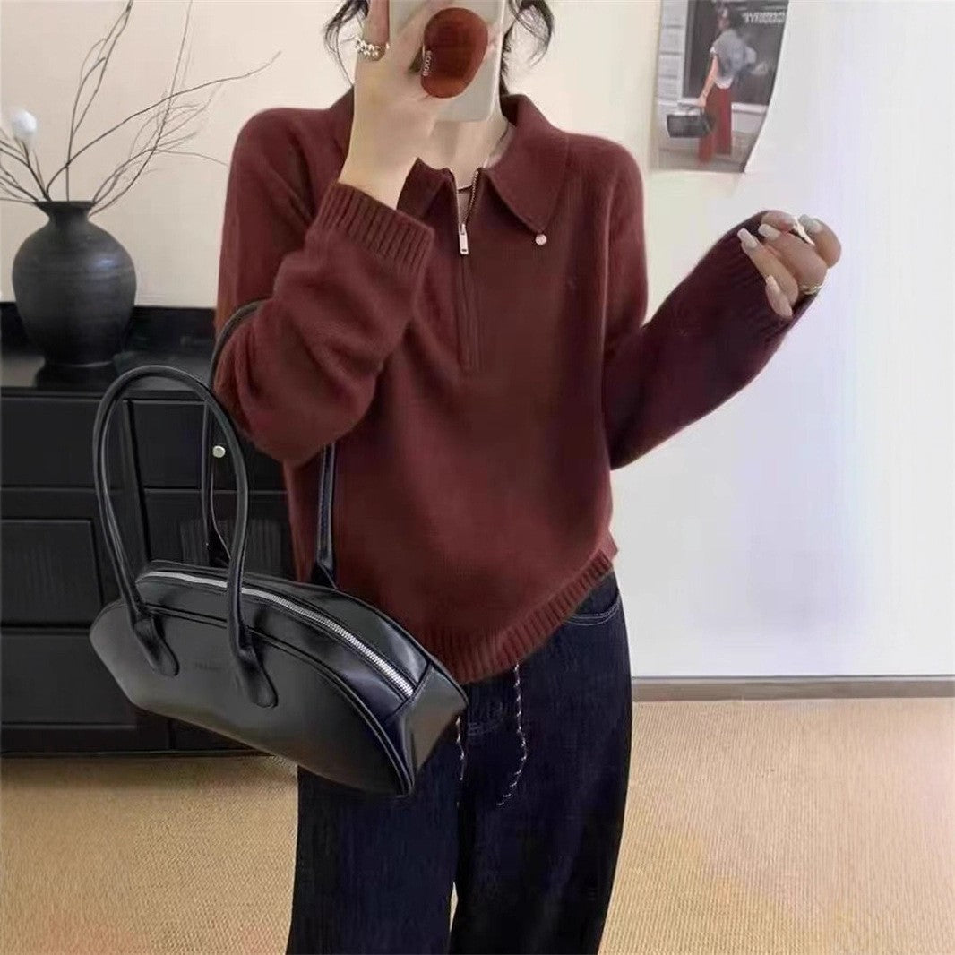 Lapel Half Zipper Solid Color Sweater For Women Loose Pullover