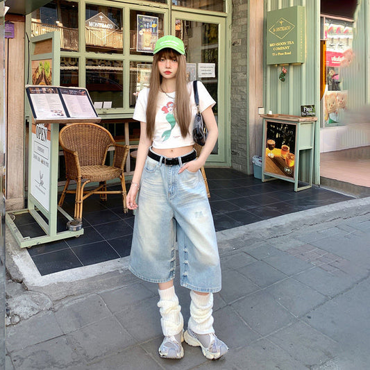 Women's Washed Light-colored Loose Wide-leg Cropped Denim Shorts