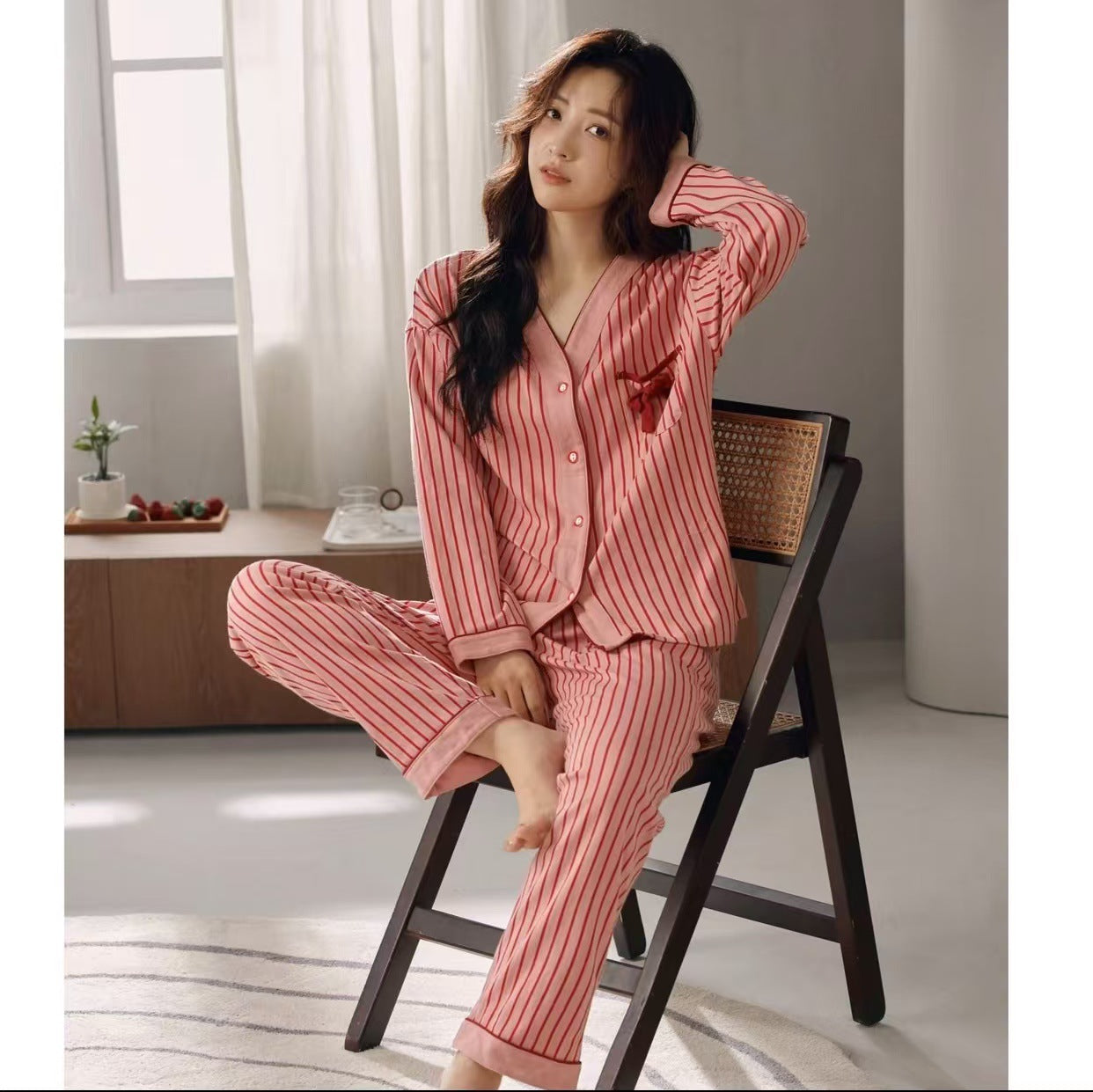 Cotton Pajamas Women's Long-sleeved Two-piece Suit Kimono Cardigan Striped