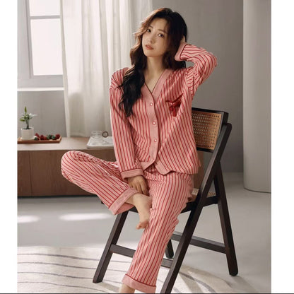 Cotton Pajamas Women's Long-sleeved Two-piece Suit Kimono Cardigan Striped