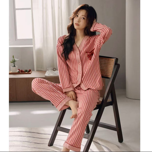 Cotton Pajamas Women's Long-sleeved Two-piece Suit Kimono Cardigan Striped