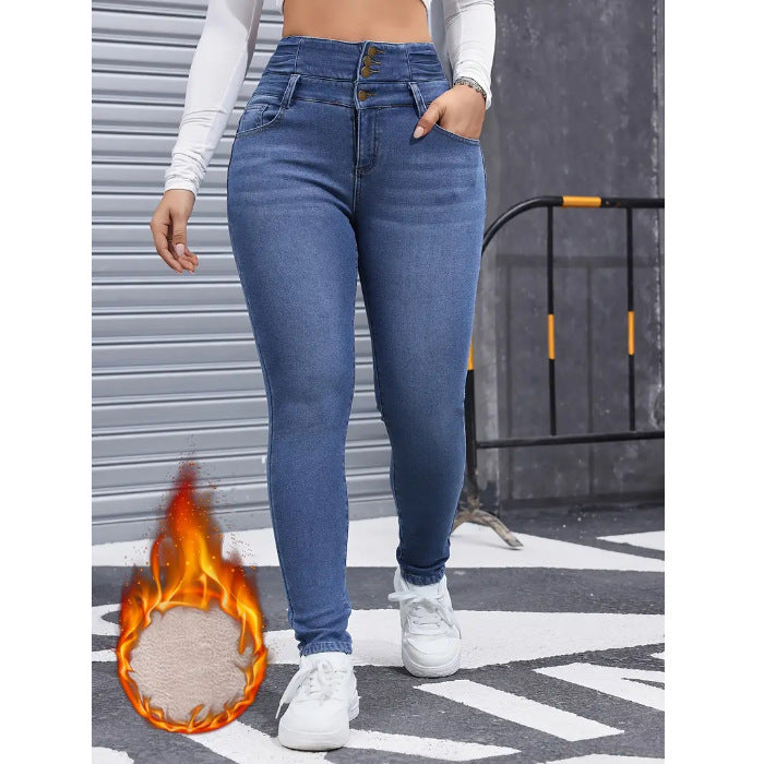 Women's Multi-button Fleece Addition Denim Trousers