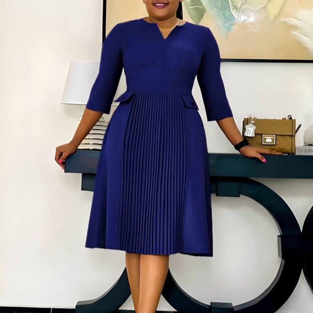 Women's Solid Color Plus Size Fashion Pleated Dress