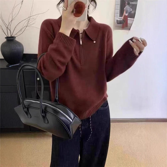 Lapel Half Zipper Solid Color Sweater For Women Loose Pullover