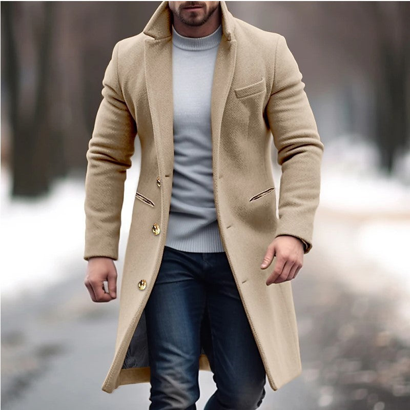 Winter Lapel Trench Coat Fashion Pocket Single Breasted Jacket Outerwear Casual Solid Color Men's Clothing