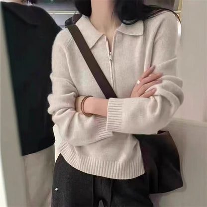 Lapel Half Zipper Solid Color Sweater For Women Loose Pullover