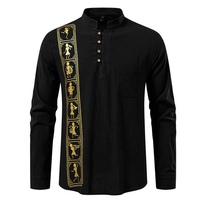 Printed Men's European Size Solid Color Cotton And Linen Shirt