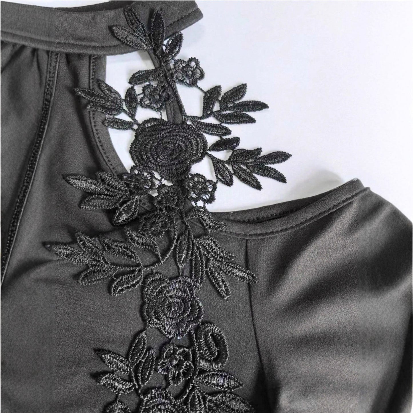 Hollow Out Shoulder-baring Applique Pleated Curved Hem Slim Top