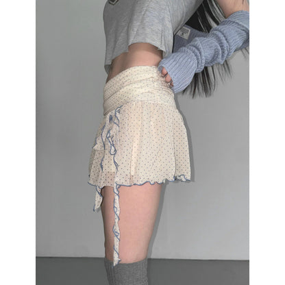 Korean Style Bow Bandage Polka-dot Slim-fit Versatile Casual Chiffon Skirt